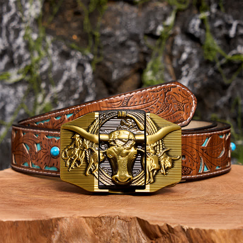 DIY Golden Domineering Bull Ledergürtel für Herren mit verstecktem Feuerzeug - Longhorn-Bulle - Türkisfarbener geschnitzter Gürtel - 42 - image 7