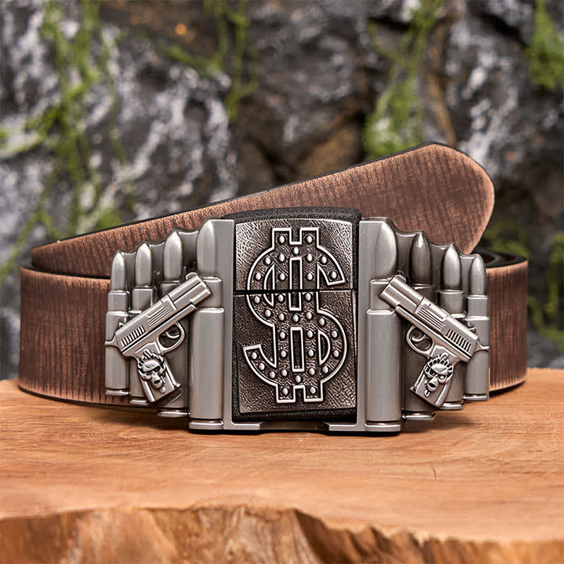 Silberner DIY-Ledergürtel mit zwei Pistolen und Kugeln für Herren mit verstecktem Feuerzeug - Doppelte Waffen und Kugeln - Brauner Distressed-Gürtel - 42 - image 9