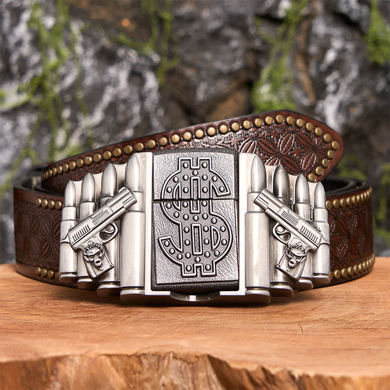 Silberner DIY-Ledergürtel mit zwei Pistolen und Kugeln für Herren mit verstecktem Feuerzeug - Doppelte Waffen und Kugeln - Brauner Nietengürtel - 42 - image 8