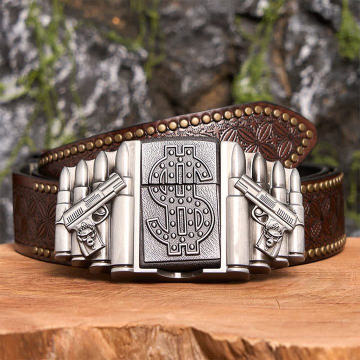 Silberner DIY-Ledergürtel mit zwei Pistolen und Kugeln für Herren mit verstecktem Feuerzeug - Doppelte Waffen und Kugeln - Brauner Nietengürtel - 42 - image 8