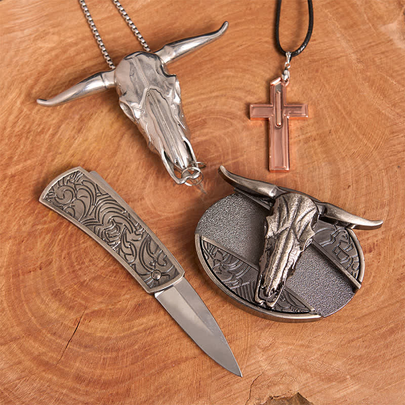 Longhorn Bull DIY verstecktes Messer Gürtelschnalle Kreuz Halskette Bundle Set - image 2