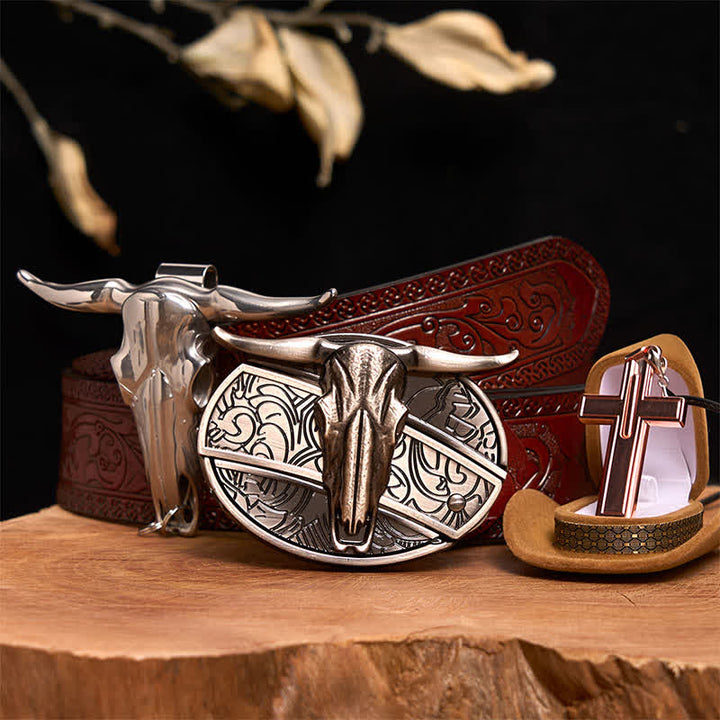 Longhorn Bull DIY verstecktes Messer Gürtelschnalle Kreuz Halskette Bundle Set - Longhorn-Bulle - Brauner geschnitzter Gürtel - 42 - image 8