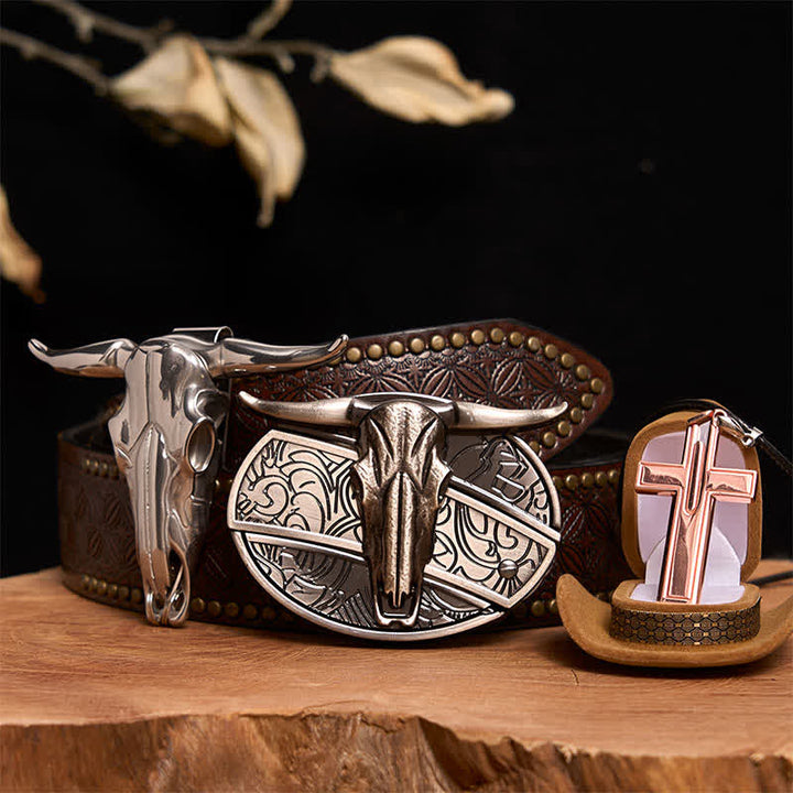 Longhorn Bull DIY verstecktes Messer Gürtelschnalle Kreuz Halskette Bundle Set - Longhorn-Bulle - Brauner Nietengürtel - 42 - image 6