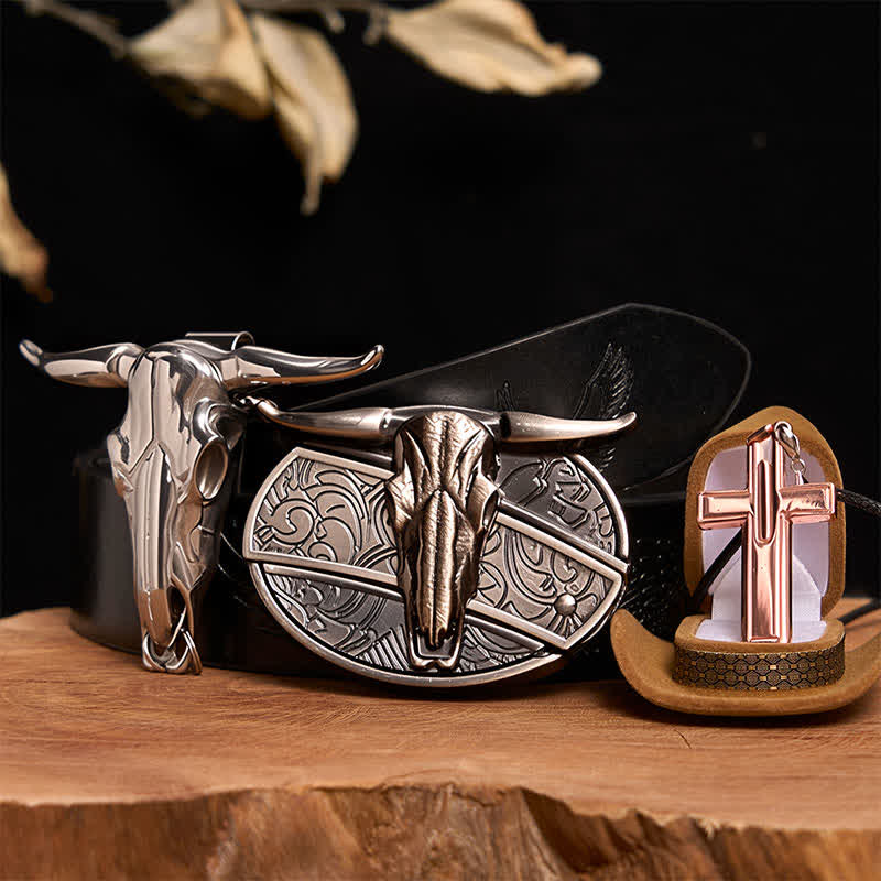 Longhorn Bull DIY verstecktes Messer Gürtelschnalle Kreuz Halskette Bundle Set - Longhorn-Bulle - Schwarzer Gürtel mit geprägtem Adler - 42 - image 4