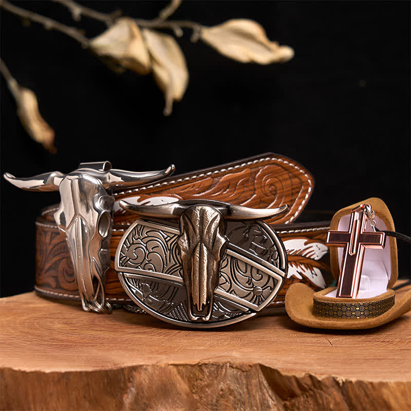 Longhorn Bull DIY verstecktes Messer Gürtelschnalle Kreuz Halskette Bundle Set - Longhorn-Bulle - Brauner Federgürtel - 40 - image 1