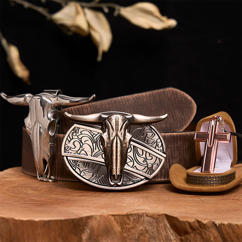Longhorn Bull DIY verstecktes Messer Gürtelschnalle Kreuz Halskette Bundle Set - Longhorn-Bulle - Brauner Distressed-Gürtel - 42 - image 7