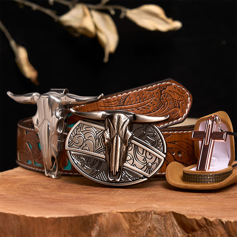Longhorn Bull DIY verstecktes Messer Gürtelschnalle Kreuz Halskette Bundle Set - Longhorn-Bulle - Türkisfarbener geschnitzter Gürtel - 42 - image 5