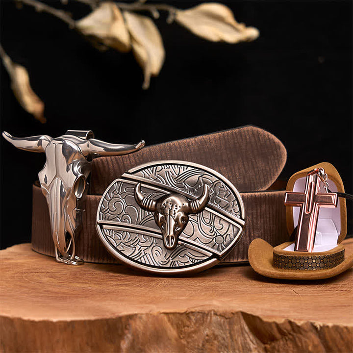 Antikes Silber Bull DIY verstecktes Messer Gürtelschnalle Kreuz Halskette Bundle Set - Silberner Stierkopf - Brauner Distressed-Gürtel - 42 - image 6