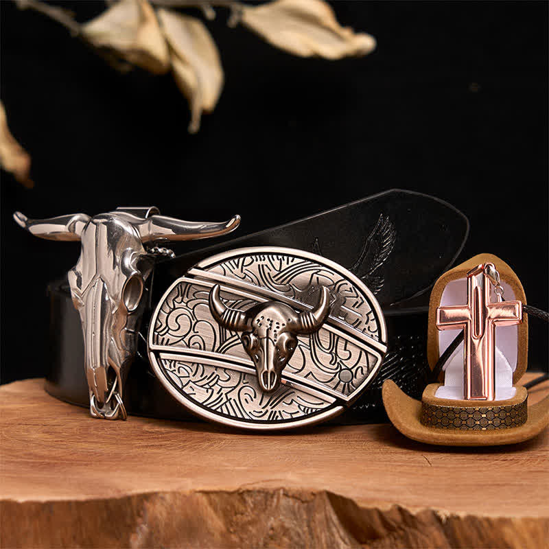 Antikes Silber Bull DIY verstecktes Messer Gürtelschnalle Kreuz Halskette Bundle Set - Silberner Stierkopf - Schwarzer Gürtel mit geprägtem Adler - 42 - image 4