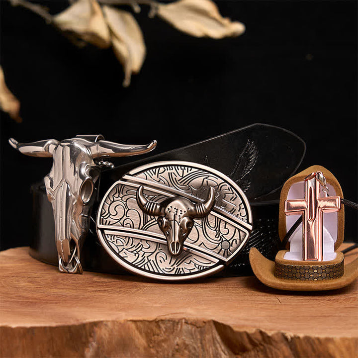 Antikes Silber Bull DIY verstecktes Messer Gürtelschnalle Kreuz Halskette Bundle Set - Silberner Stierkopf - Schwarzer Gürtel mit geprägtem Adler - 42 - image 4