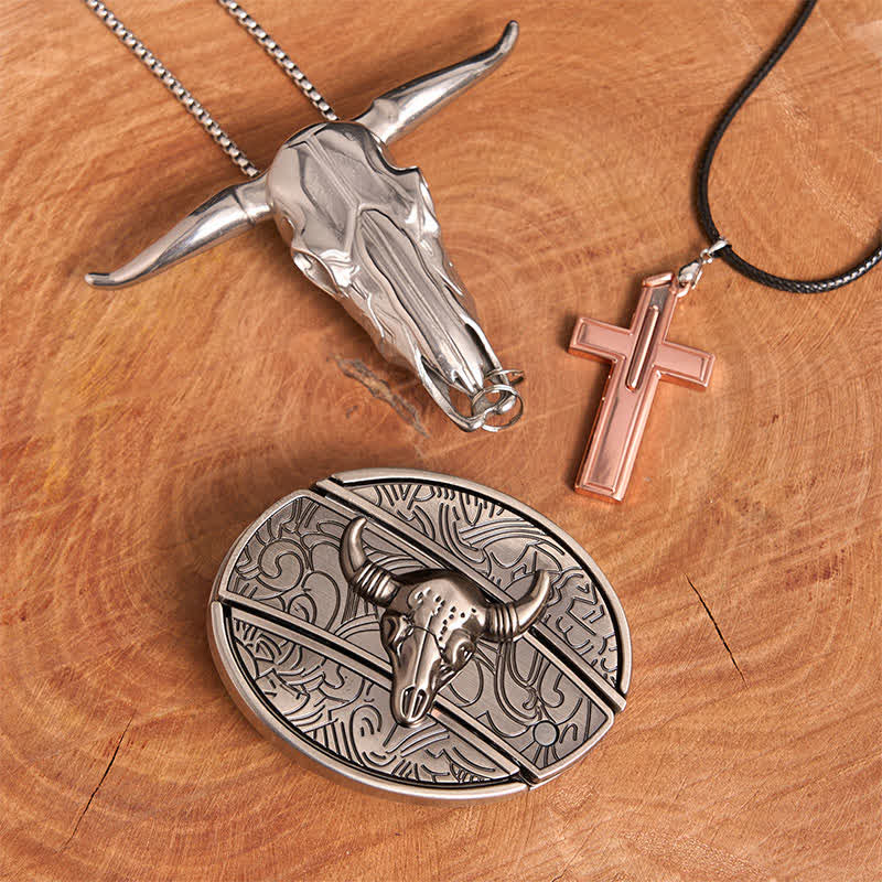 Antikes Silber Bull DIY verstecktes Messer Gürtelschnalle Kreuz Halskette Bundle Set - Silberner Stierkopf - Ohne Gürtel - Gürtel nicht enthalten - image 1