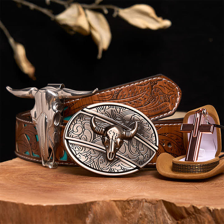 Antikes Silber Bull DIY verstecktes Messer Gürtelschnalle Kreuz Halskette Bundle Set - Silberner Stierkopf - Türkisfarbener geschnitzter Gürtel - 42 - image 4