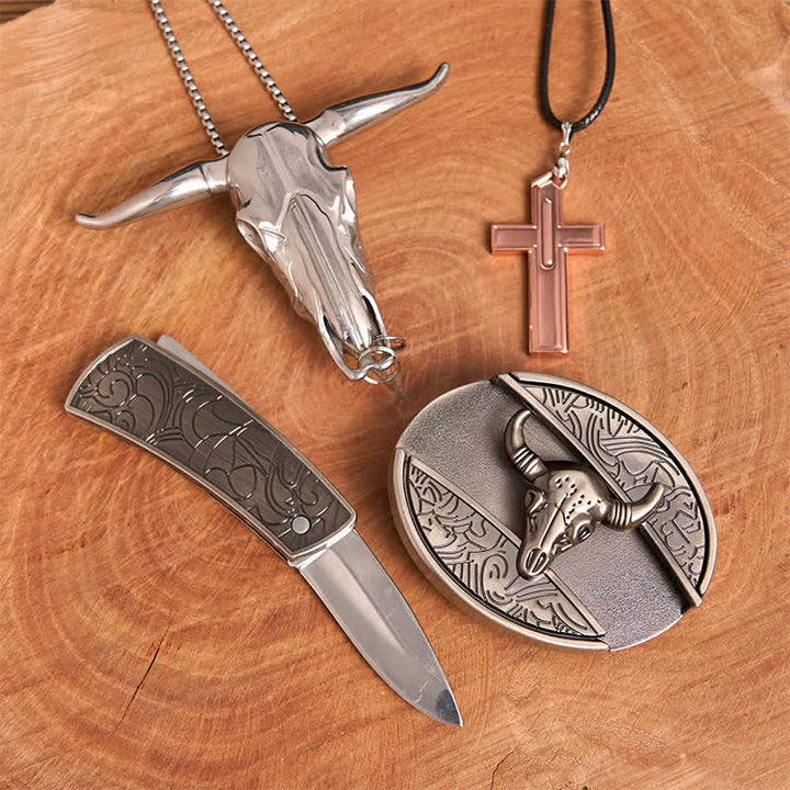 Antikes Silber Bull DIY verstecktes Messer Gürtelschnalle Kreuz Halskette Bundle Set - image 3