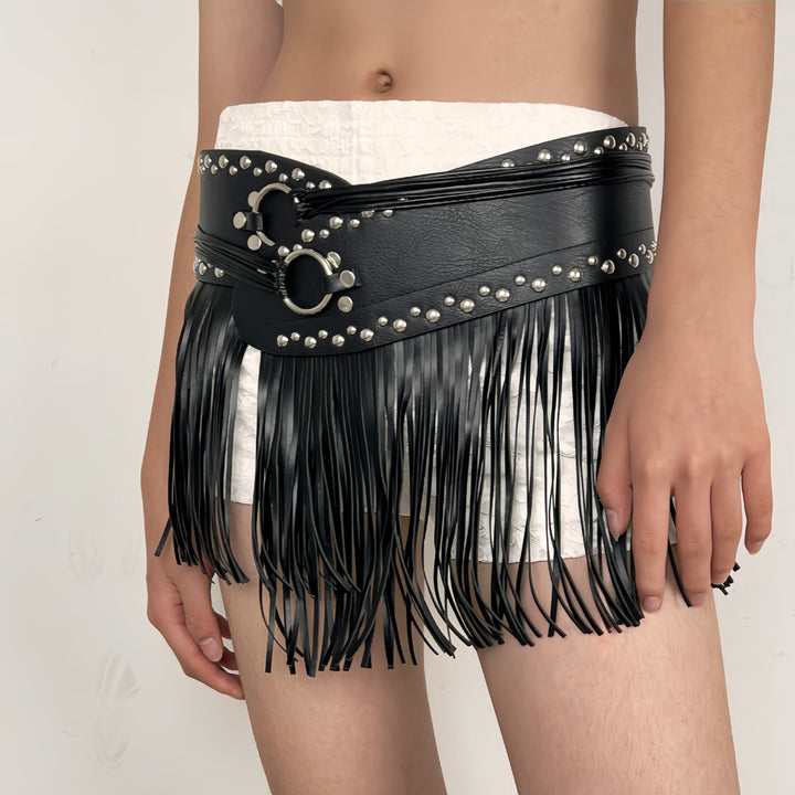Western Cowboy Damen Hippie Quaste Leder Korsettgürtel - Schwarzer Quastenriemen - image 4