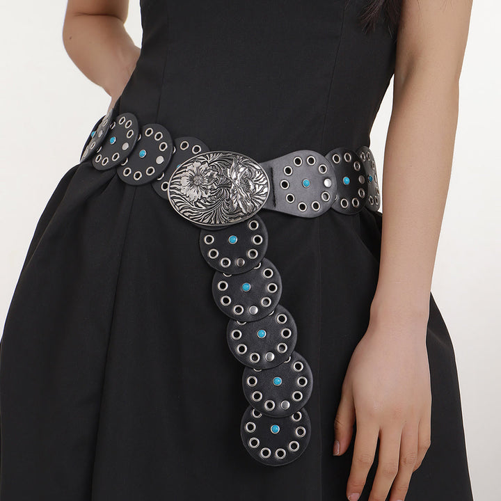 Runder, ausgehöhlter Damen-Ledergürtel mit blauen Diamanten - image 2