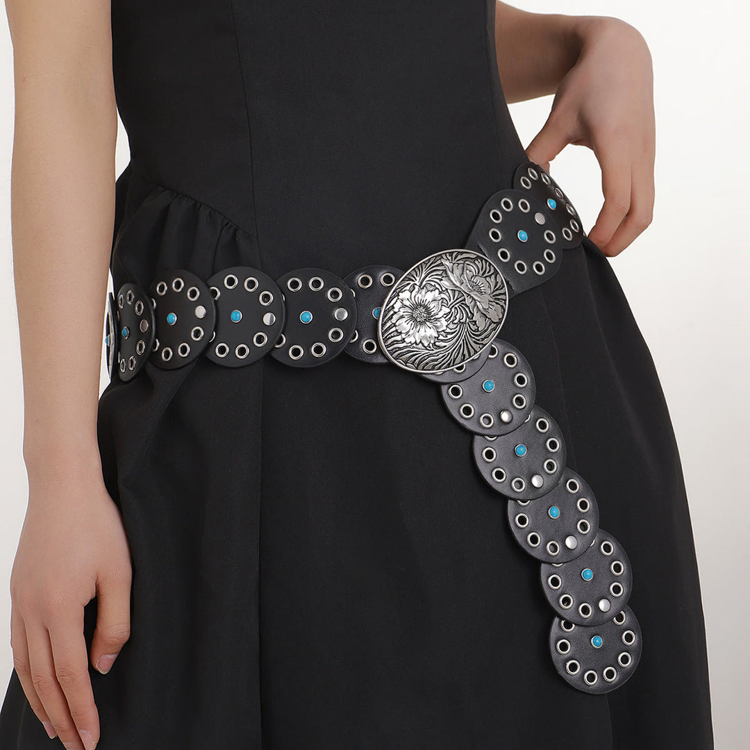 Runder, ausgehöhlter Damen-Ledergürtel mit blauen Diamanten - Schwarz - image 1