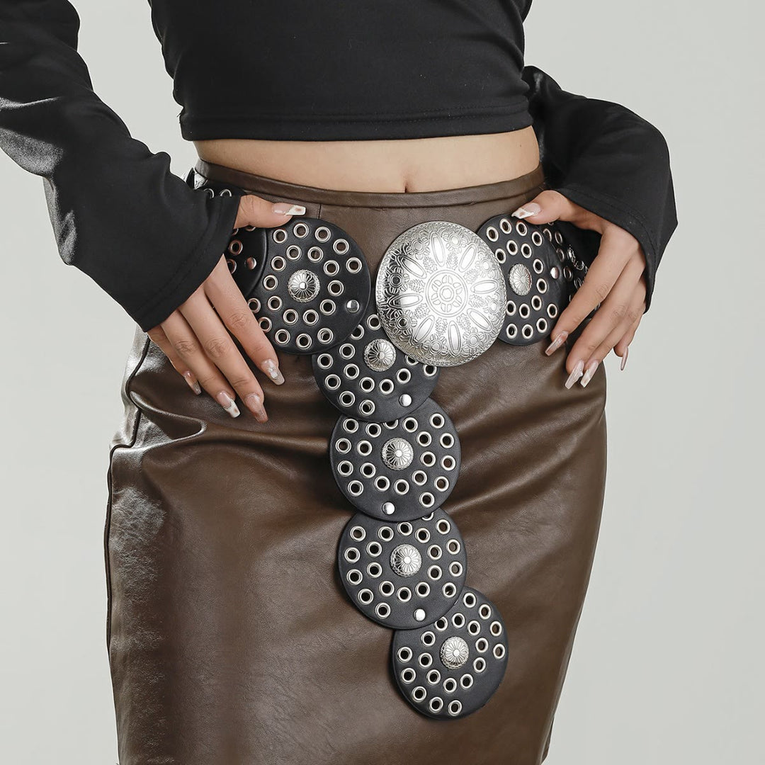 Damen-Ledergürtel im Retro-Stil mit rundem Hohldesign - Schwarz - image 1