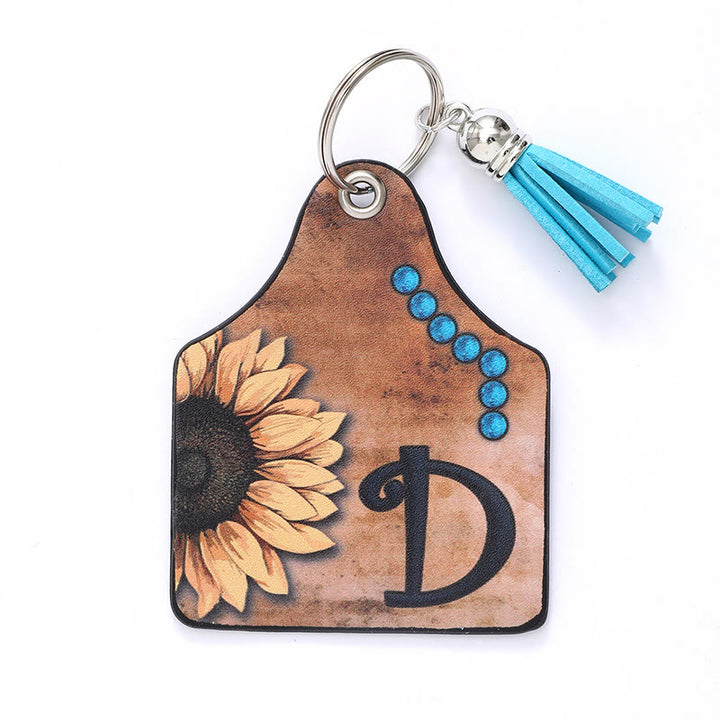 Western-Stil Sonnenblumen & Buchstaben Quaste Leder Schlüsselanhänger - D - image 6