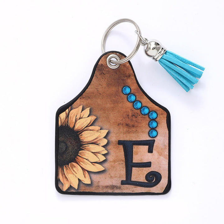 Western-Stil Sonnenblumen & Buchstaben Quaste Leder Schlüsselanhänger - E - image 7