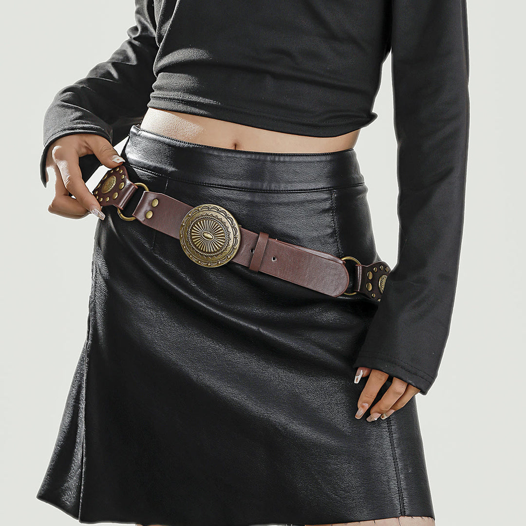Retro Street Fashion Hohl-out Splicing Circular Ring Damen Ledergürtel - Braun - image 5