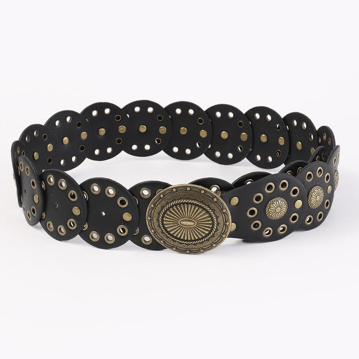 Damen Retro Western Personalisierter Spleißen Runder Schwarzer Ledergürtel - image 3