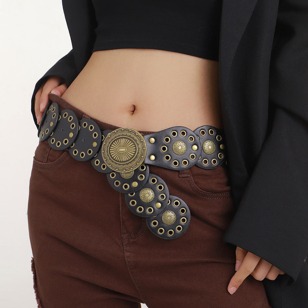 Damen Retro Western Personalisierter Spleißen Runder Schwarzer Ledergürtel - Schwarz - image 1