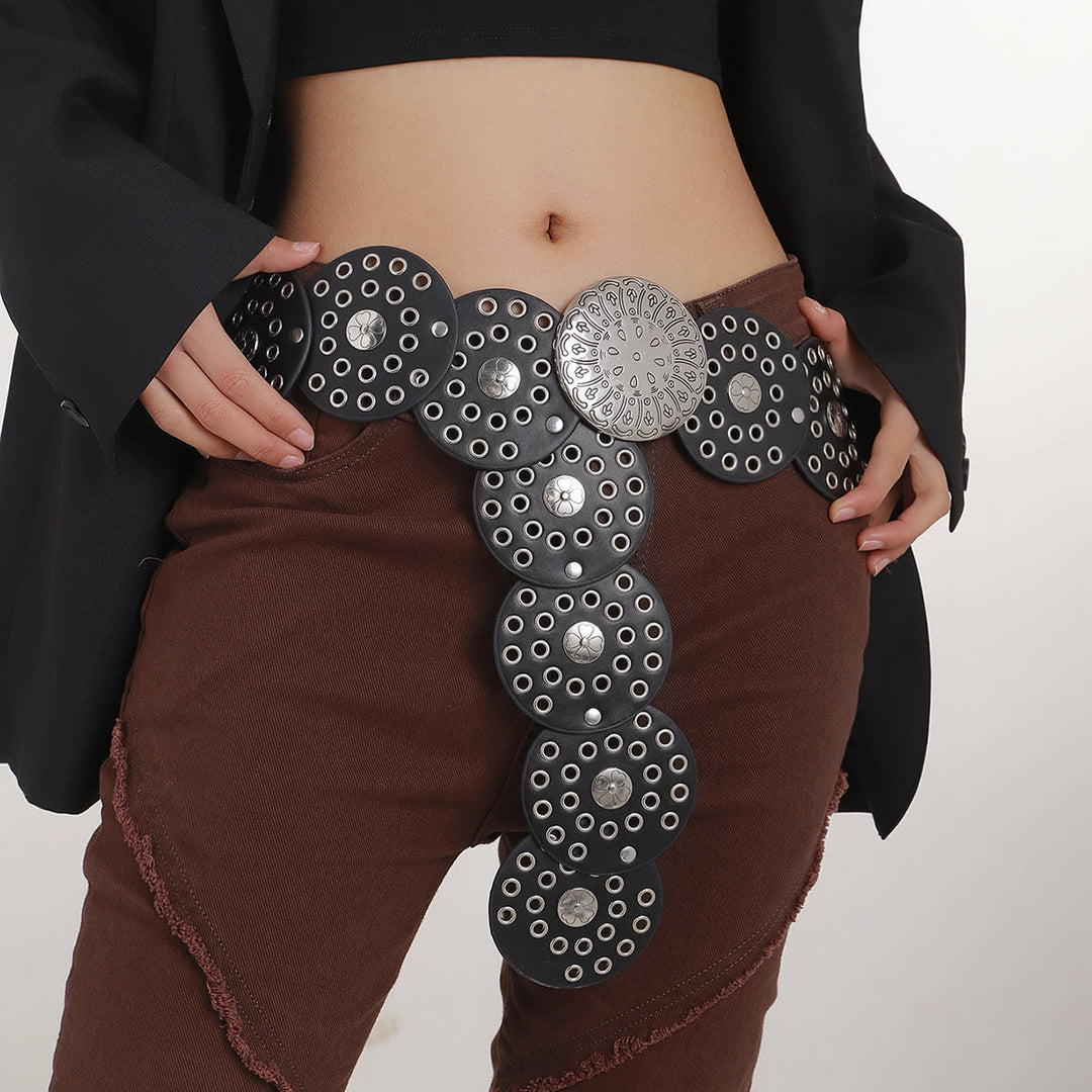 Damen-Ledergürtel im Western-Stil mit hohler silberner Scheibe - Schwarz - image 1