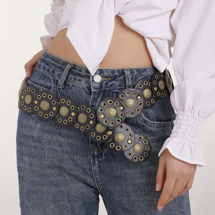 Schwarzer kreisförmiger Retro-Hohl-Ledergürtel für Damen - image 2