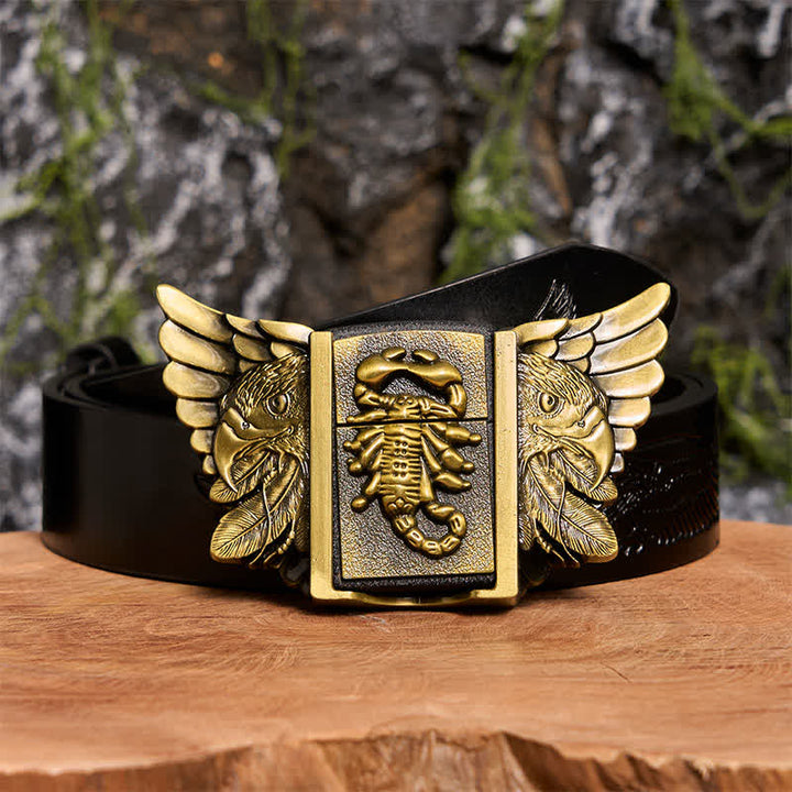 DIY Bronzener Skorpion & Adler Ledergürtel für Herren mit verstecktem Feuerzeug - Skorpion & Adler - Schwarzer Gürtel mit geprägtem Adler - 42 - image 3