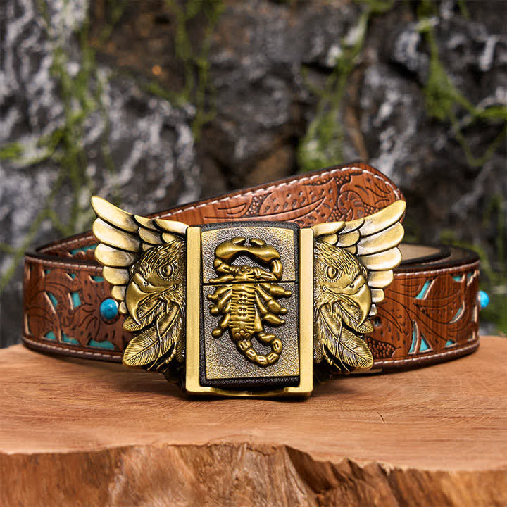 DIY Bronzener Skorpion & Adler Ledergürtel für Herren mit verstecktem Feuerzeug - Skorpion & Adler - Türkisfarbener geschnitzter Gürtel - 42 - image 7