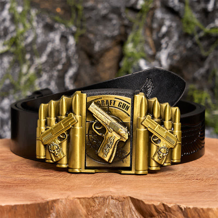 DIY Bronzener Ledergürtel für Herren mit Pistolen- und Kugelmuster und verstecktem Feuerzeug - Pistole - Schwarzer Gürtel mit geprägtem Adler - 42 - image 3