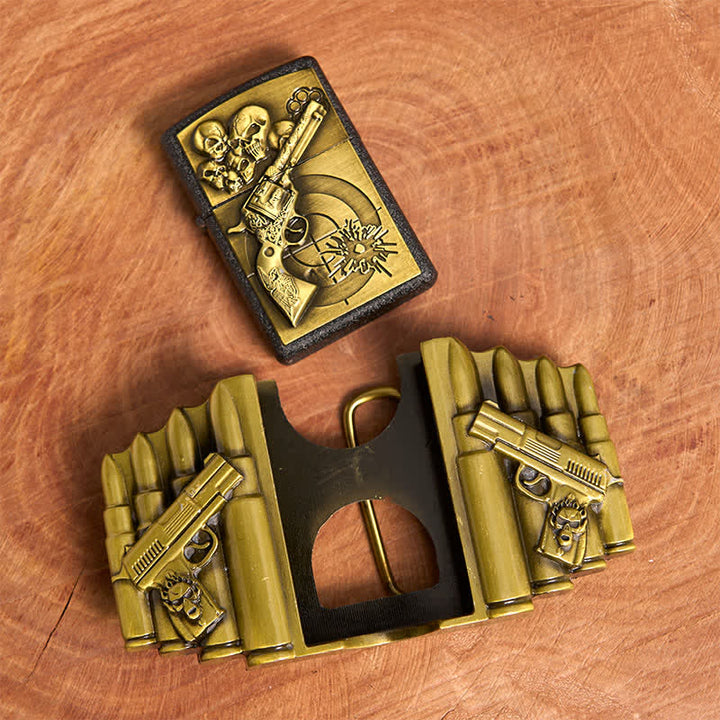 DIY-Ledergürtel für Herren mit bronzefarbenem Pistolen- und Totenkopfmuster und verstecktem Feuerzeug - image 5