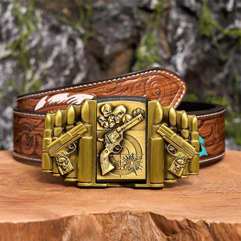 DIY-Ledergürtel für Herren mit bronzefarbenem Pistolen- und Totenkopfmuster und verstecktem Feuerzeug - Pistole & Schädel - Brauner Federgürtel - 40 - image 11