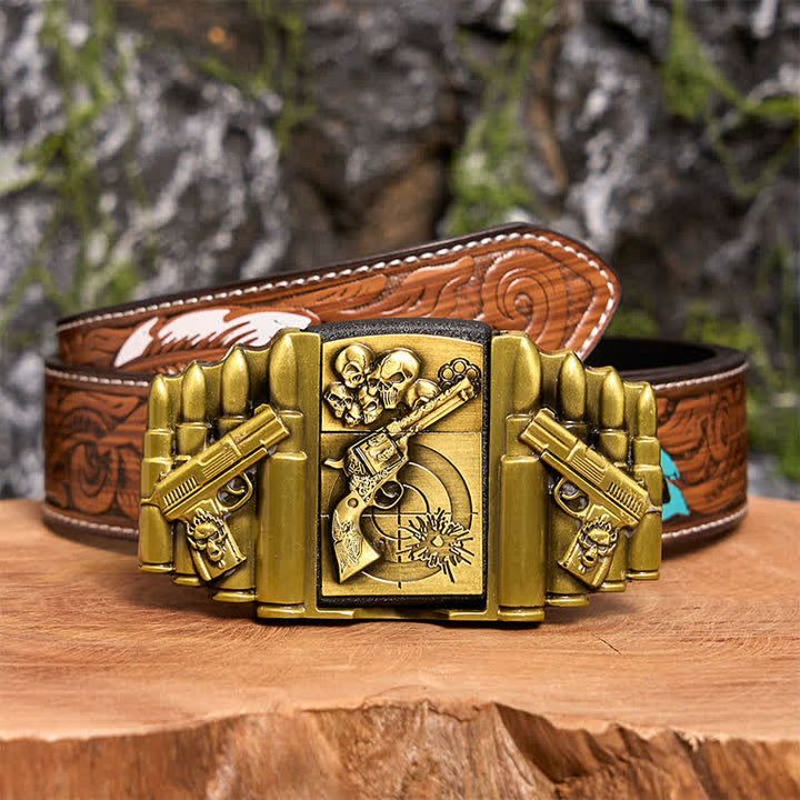 DIY-Ledergürtel für Herren mit bronzefarbenem Pistolen- und Totenkopfmuster und verstecktem Feuerzeug - Pistole & Schädel - Brauner Federgürtel - 40 - image 11