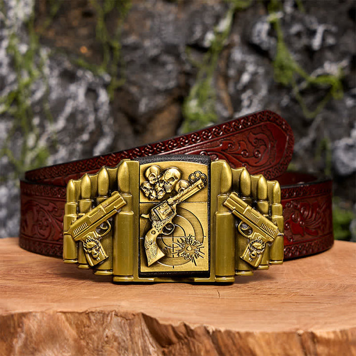 DIY-Ledergürtel für Herren mit bronzefarbenem Pistolen- und Totenkopfmuster und verstecktem Feuerzeug - Pistole & Schädel - Brauner geschnitzter Gürtel - 42 - image 10