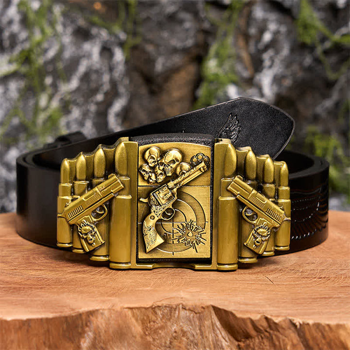 DIY-Ledergürtel für Herren mit bronzefarbenem Pistolen- und Totenkopfmuster und verstecktem Feuerzeug - Pistole & Schädel - Schwarzer Gürtel mit geprägtem Adler - 42 - image 3