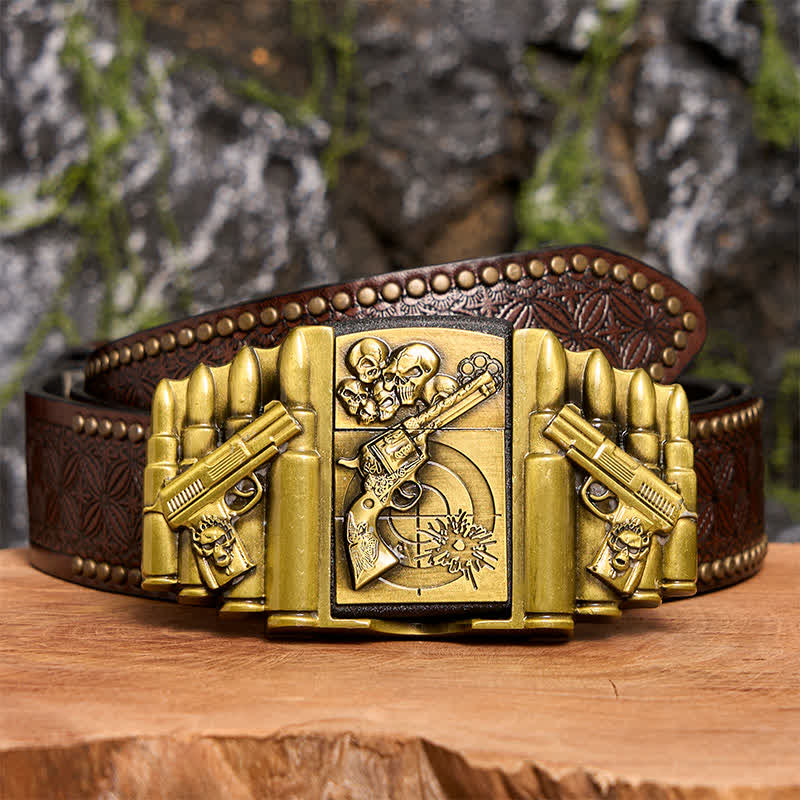 DIY-Ledergürtel für Herren mit bronzefarbenem Pistolen- und Totenkopfmuster und verstecktem Feuerzeug - Pistole & Schädel - Brauner Nietengürtel - 42 - image 8