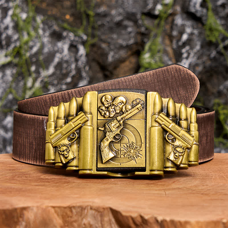 DIY-Ledergürtel für Herren mit bronzefarbenem Pistolen- und Totenkopfmuster und verstecktem Feuerzeug - Pistole & Schädel - Brauner Distressed-Gürtel - 42 - image 9