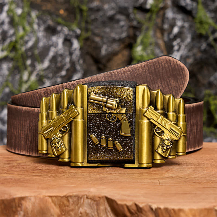 DIY Bronzefarbener Ledergürtel mit geladenem Waffenmuster für Herren mit verstecktem Feuerzeug -  Pistole - Brauner Distressed-Gürtel - 42 - image 9