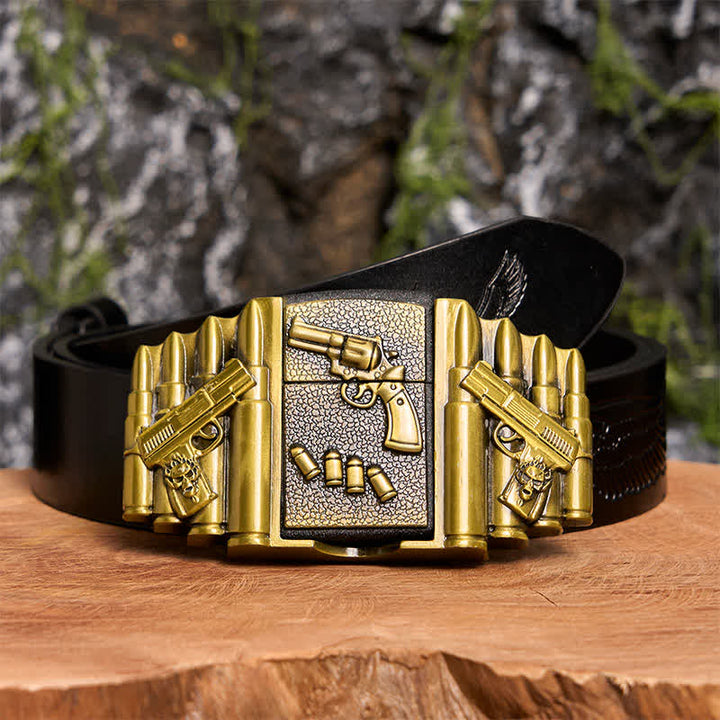 DIY Bronzefarbener Ledergürtel mit geladenem Waffenmuster für Herren mit verstecktem Feuerzeug -  Pistole - Schwarzer Gürtel mit geprägtem Adler - 42 - image 3