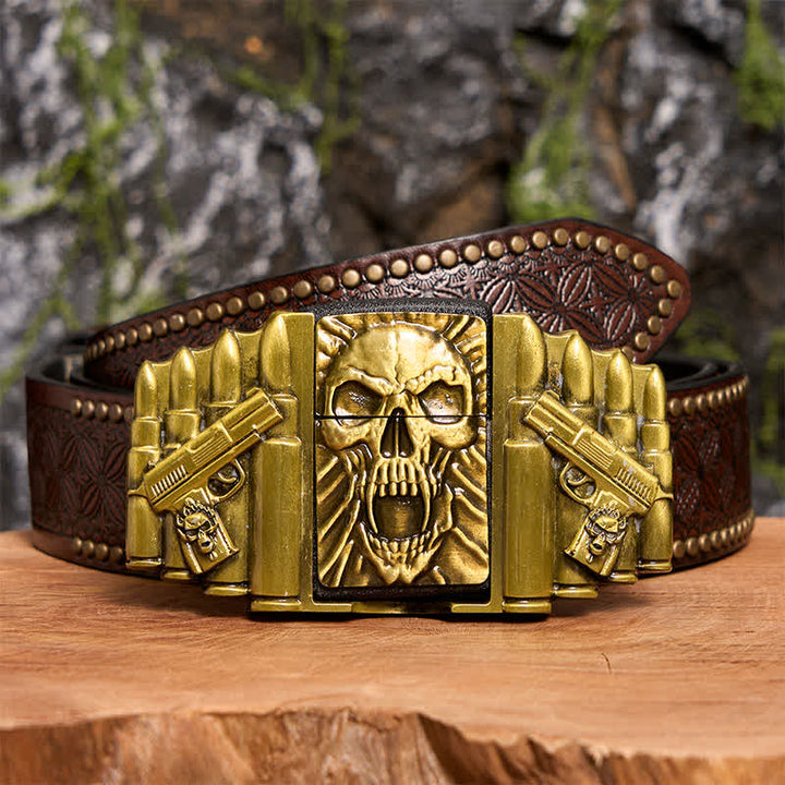 DIY Bronze Gruseliger Totenkopf-Ledergürtel für Herren mit verstecktem Feuerzeug - Schädelkopf - Brauner Nietengürtel - 42 - image 8