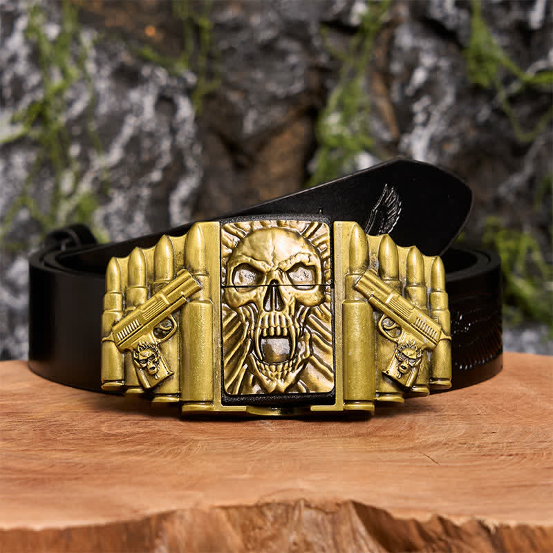 DIY Bronze Gruseliger Totenkopf-Ledergürtel für Herren mit verstecktem Feuerzeug - Schädelkopf - Schwarzer Gürtel mit geprägtem Adler - 42 - image 3