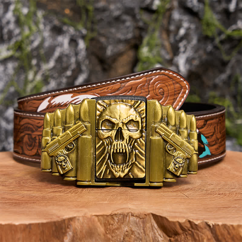 DIY Bronze Gruseliger Totenkopf-Ledergürtel für Herren mit verstecktem Feuerzeug - Schädelkopf - Brauner Federgürtel - 40 - image 11