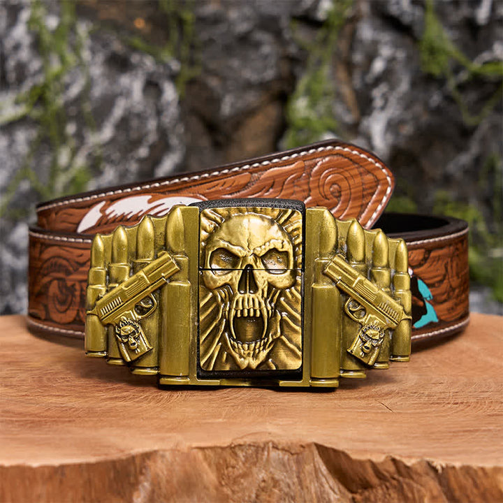 DIY Bronze Gruseliger Totenkopf-Ledergürtel für Herren mit verstecktem Feuerzeug - Schädelkopf - Brauner Federgürtel - 40 - image 11