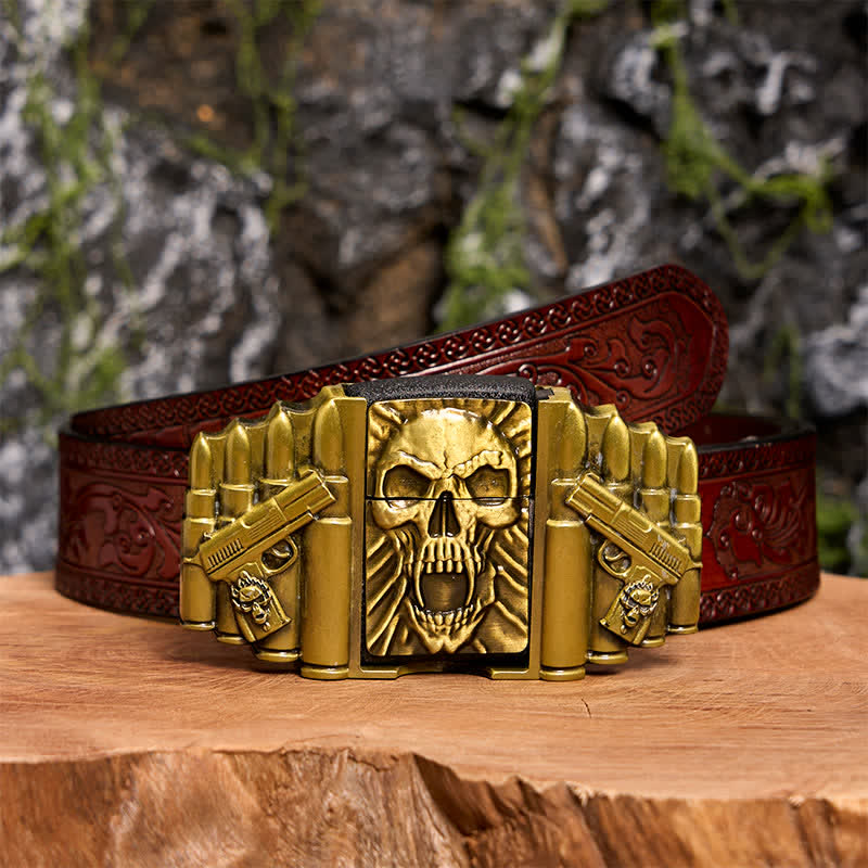 DIY Bronze Gruseliger Totenkopf-Ledergürtel für Herren mit verstecktem Feuerzeug - Schädelkopf - Brauner geschnitzter Gürtel - 42 - image 10
