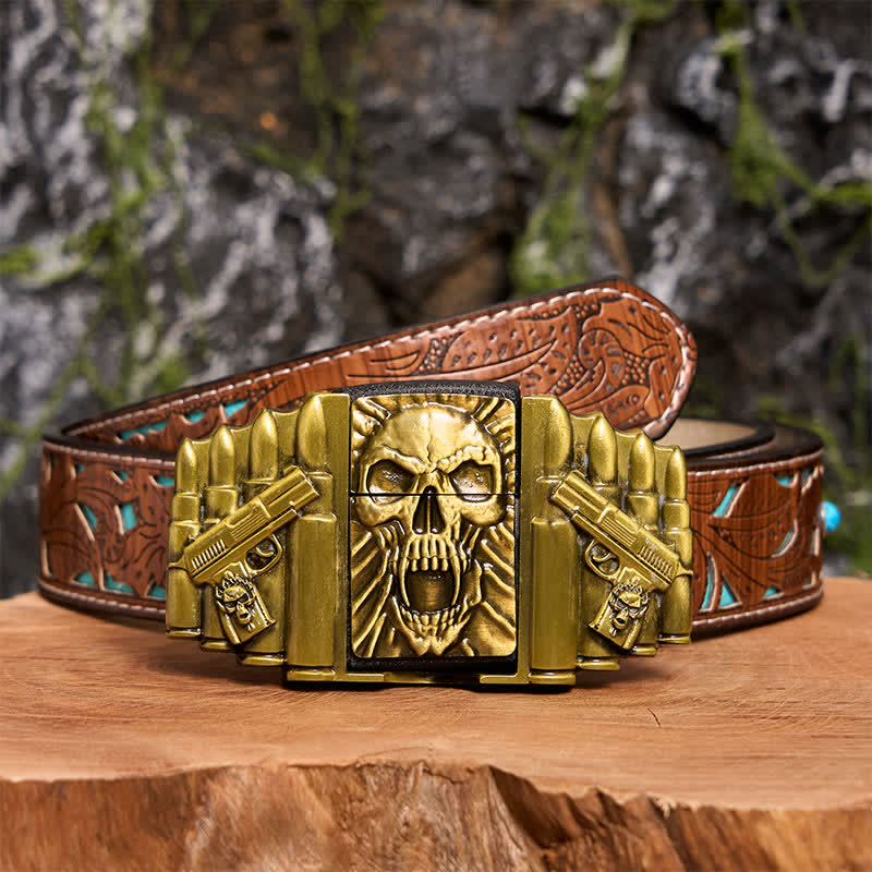 DIY Bronze Gruseliger Totenkopf-Ledergürtel für Herren mit verstecktem Feuerzeug - Schädelkopf - Türkisfarbener geschnitzter Gürtel - 42 - image 7