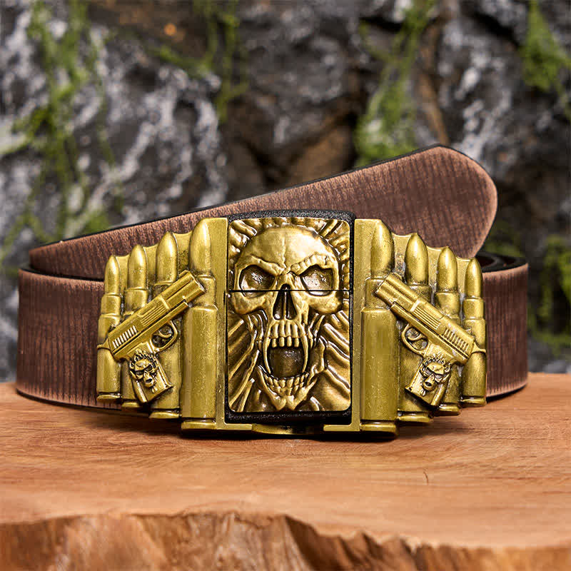 DIY Bronze Gruseliger Totenkopf-Ledergürtel für Herren mit verstecktem Feuerzeug - Schädelkopf - Brauner Distressed-Gürtel - 42 - image 9