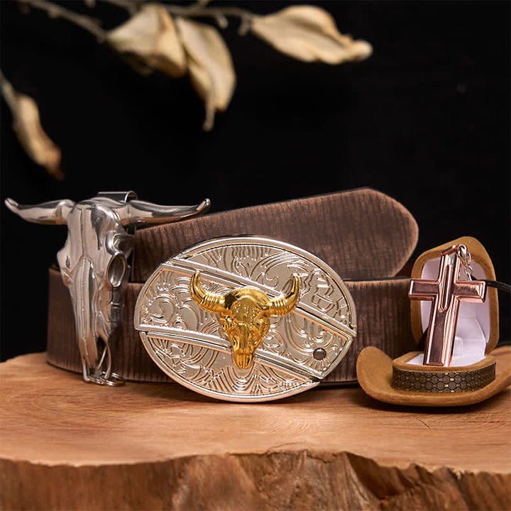 Gold & Silber Bull DIY verstecktes Messer Gürtelschnalle Kreuz Halskette Bundle Set - Gold- und Silberbulle - Brauner Distressed-Gürtel - 42 - image 6