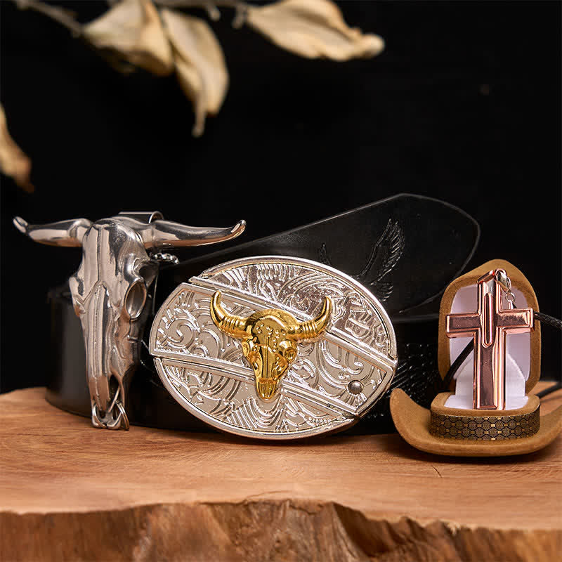 Gold & Silber Bull DIY verstecktes Messer Gürtelschnalle Kreuz Halskette Bundle Set - Gold- und Silberbulle - Schwarzer Gürtel mit geprägtem Adler - 42 - image 3