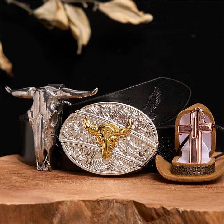 Gold & Silber Bull DIY verstecktes Messer Gürtelschnalle Kreuz Halskette Bundle Set - Gold- und Silberbulle - Schwarzer Gürtel mit geprägtem Adler - 42 - image 3